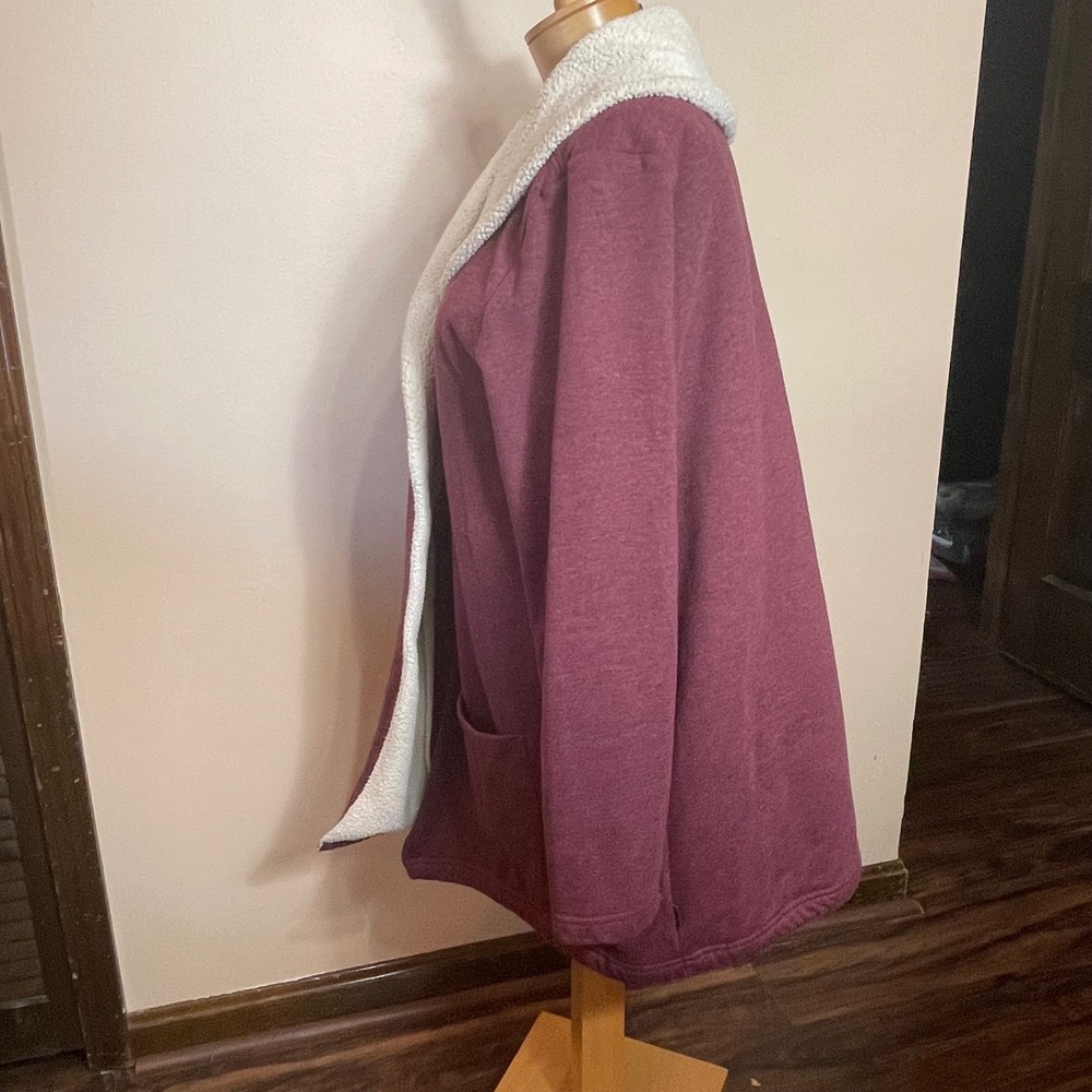 Eddie Bauer Womens XL Sherpa Lined Open Front Cardigan Jacket Burgundy - Picture 2 of 8